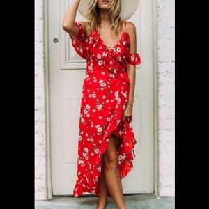 Red floral asymmetrical midi wrap dress small